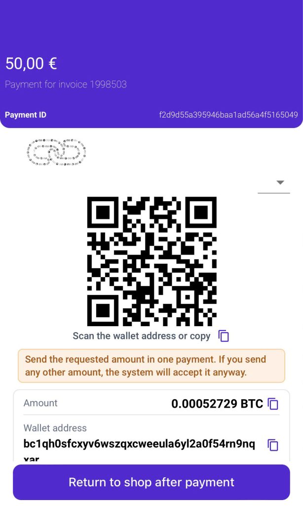 Step 3: The system will provide a QR code and a cryptocurrency wallet address.