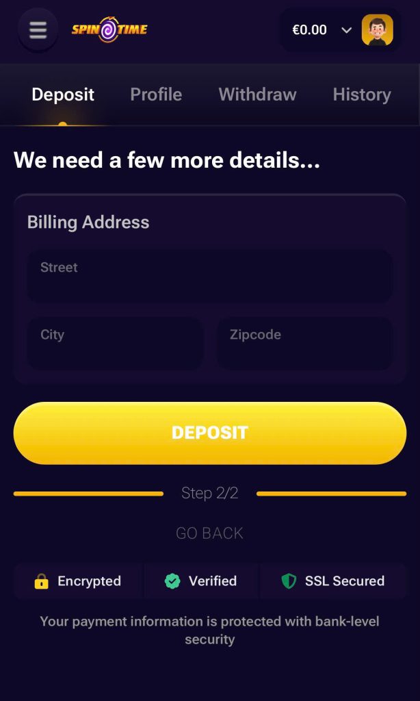 Step 2: fill in the Billing Address, including street, city, and zipcode.