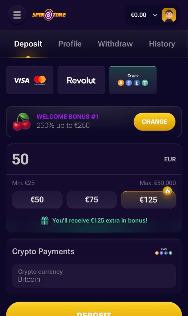 Step 1: select the deposit method as Crypto.
