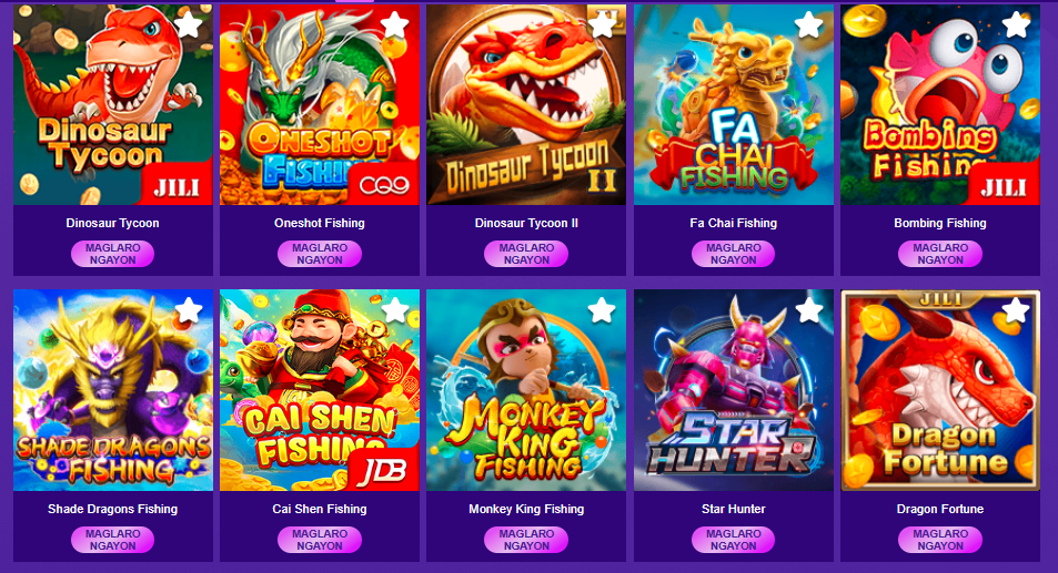 Today's Most Popular Fishing Game Titles
Happy Fishing – Happy Fishing
Happy Fishing game with a special weapon system, such as a torpedo. The game has special fish species and vivid images. In particular, the Jade Turtle can bring 8 times the reward. Destroy the Giant Octopus to get bonus spins. This spin can also evolve into a golden spin, with a multiplier of up to x950.
Jackpot Fishing
The Jackpot Fishing game stands out with its giant jackpot feature. The game's rewards are similar to slot games, with the chance to win prizes before they increase. Many fish species in this game have their own prizes, goals, and lock modes to get rich quickly. High-odds species appear anytime, anywhere, with a random 5x multiplier after being caught.
Royal Fishing
JILI's Royal Fishing offers a variety of rich activities, allowing players to participate in special events and win many big prizes.
Moreover, shooting bullets also accumulates energy; until the energy is full, you can launch a full-screen attack. There are also a variety of BOSS options for you to choose freely, easy to get big rewards.
Dinosaur Tycoon II
JILI's Dinosaur Tycoon II combines dinosaur shooting with vivid, exquisite, and interesting 3D dragon hunting images, along with the magnificent performances of dragon kings, bringing a sense of thrill and excitement, turning you into a powerful dragon hunting tycoon. There are a variety of weapons for you to choose from, bringing a strong sense of counterattack every second; easily fight with dragons to win rewards anytime, anywhere. This game has a maximum ratio of up to 1000X.
Dragon Fortune
Enter the magical world of JILI Fishing's new Dragon Fortune with the Flying Dragon theme, with a unique scrolling screen and special Treasure Dragons. Players have the chance to win huge rewards. Players can unlock the top prize by collecting enough crystals during the dragon hunt. Face the Hell Dragon and conquer the attractive prize! The Heavenly Dragon will lead you through the ruins and treasures, bringing rewards up to 500X!
