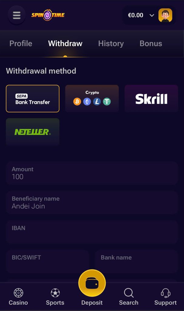 Step 2: select the withdrawal method as Bank Transfer.
